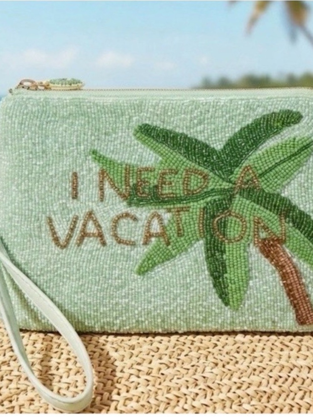 House of Harlow 1960 Mint Green Beaded 'I Need a Vacation' Wristlet